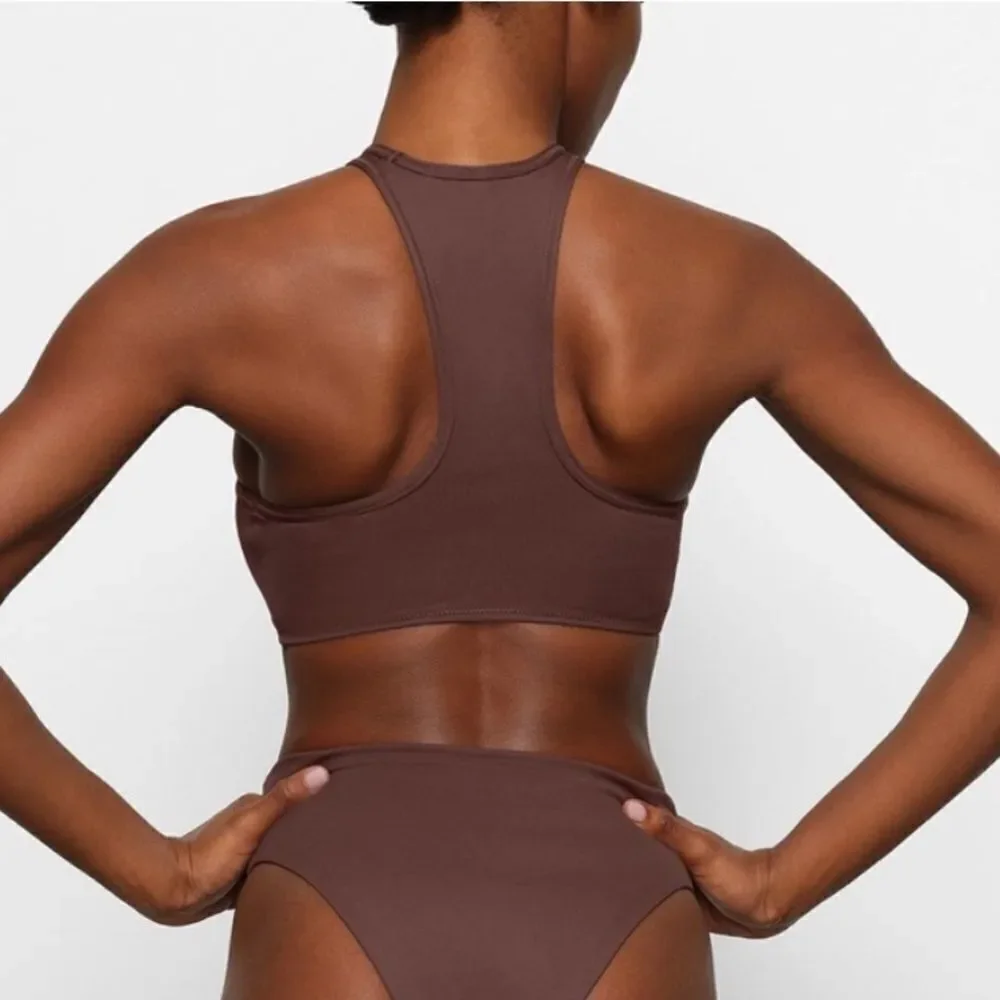 SKIMS NWT Recycled Swim High Neck RacerBack Swim Top In Cocoa Brown Swim Bikini